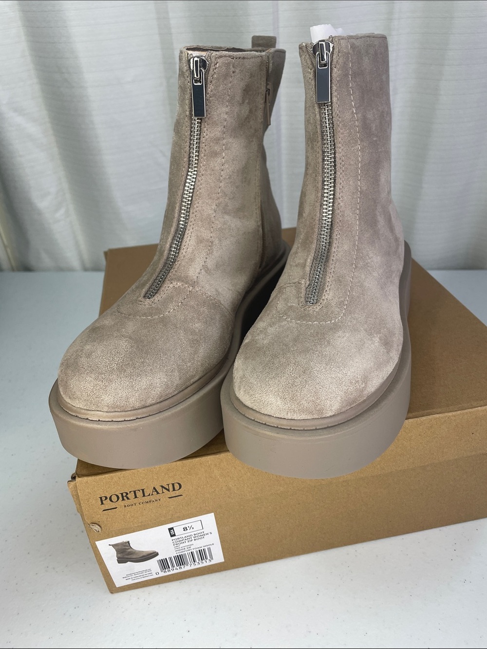 Portland Suede Front-Zip Ankle Boots in Taupe